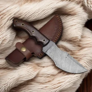 Handmade Damascus Steel Hunting Knife With Leather Sheath-Wooden Handle